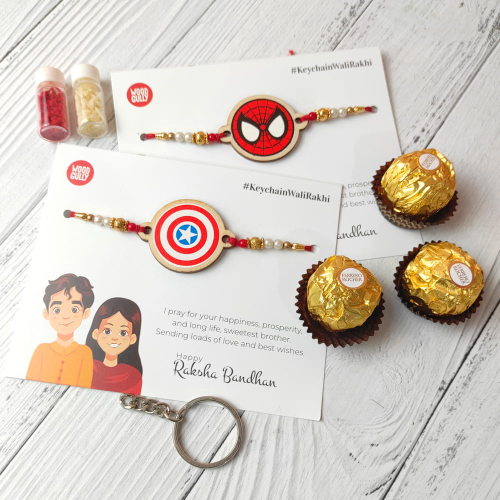 Spider Man & Captain America Wooden Rakhi Combo with Keychain