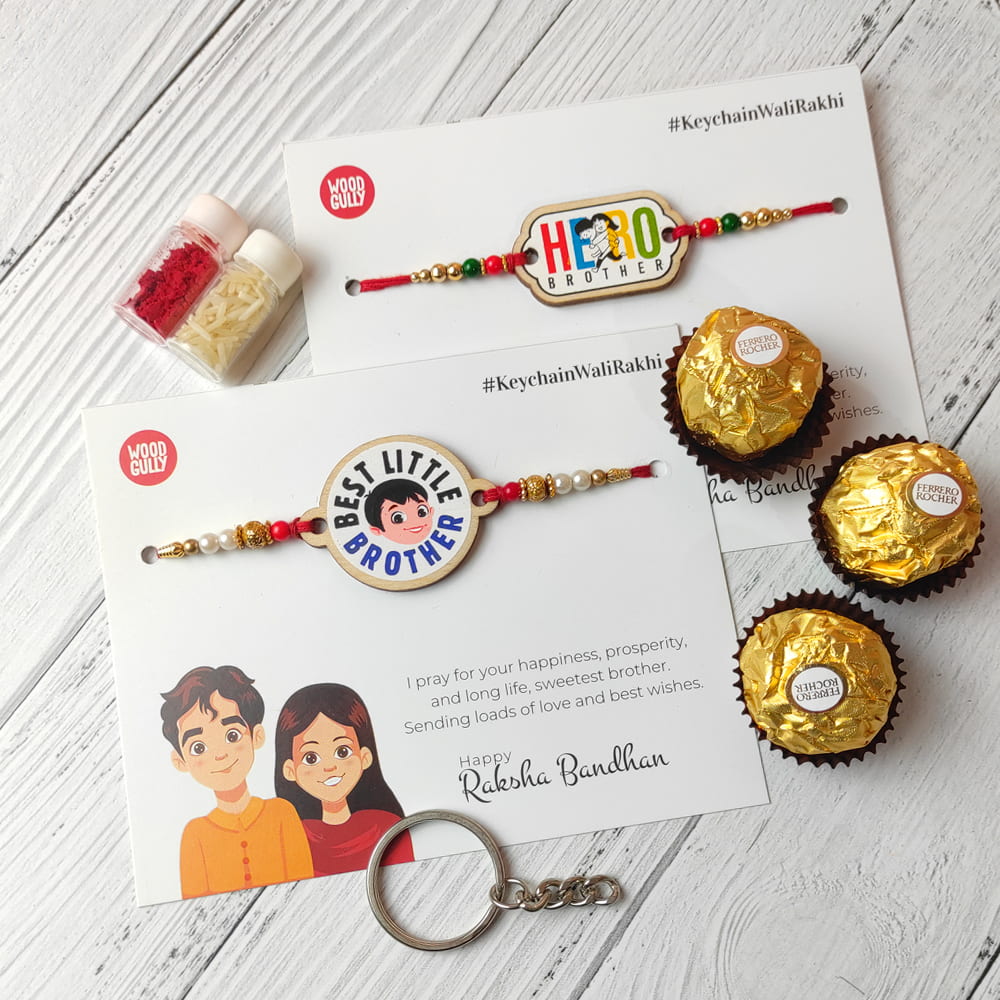 Best Little Brother & Hero Brother Wooden Rakhi Combo with Keychain