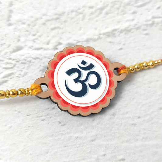 Om White - Wooden Rakhi with Keychain