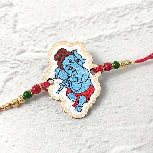 Lord Ganesha Blue- Wooden Rakhi with Keychain