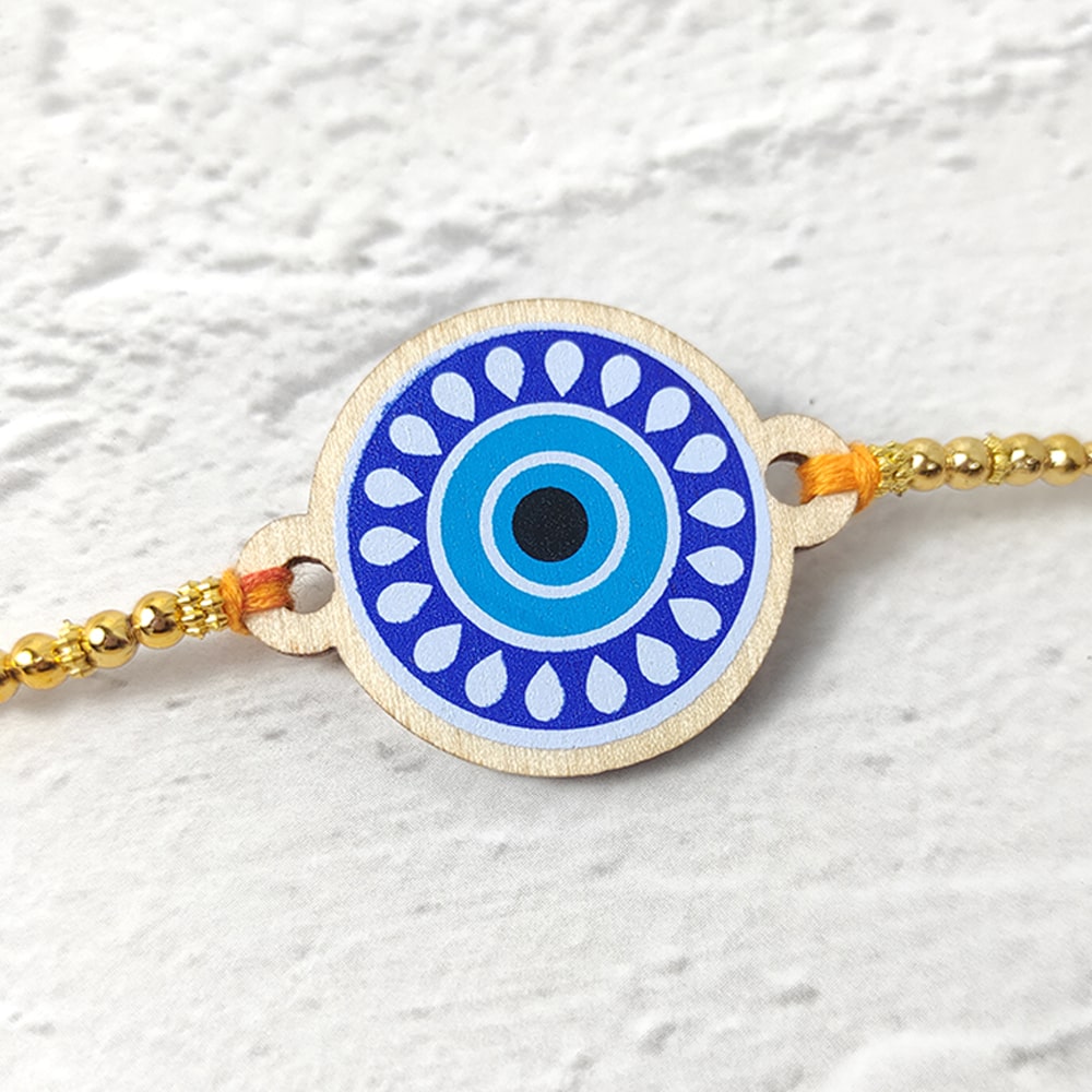 Evil Eye Circle - Wooden Rakhi with Keychain