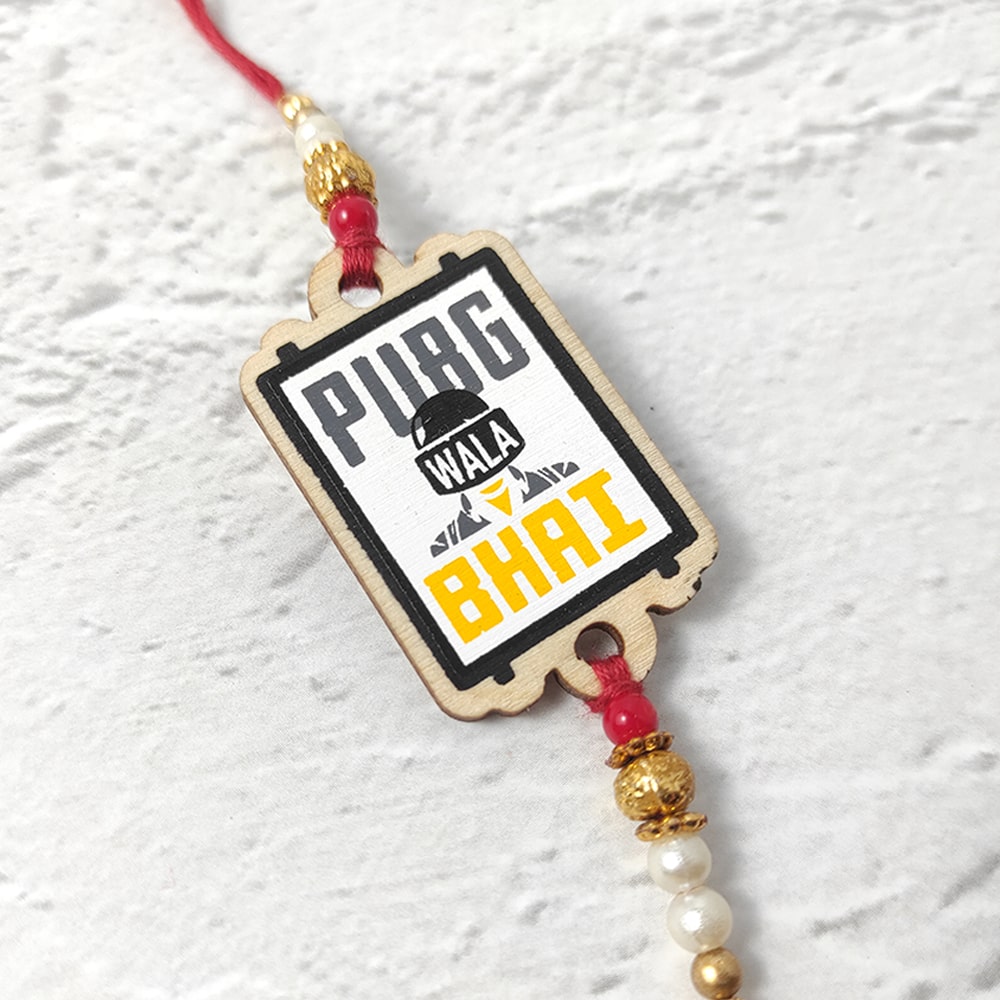 PUBG wala Bhai - Wooden Rakhi with Keychain