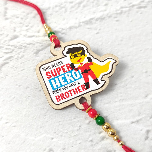 Who needs Super Hero - Wooden Rakhi with Keychain