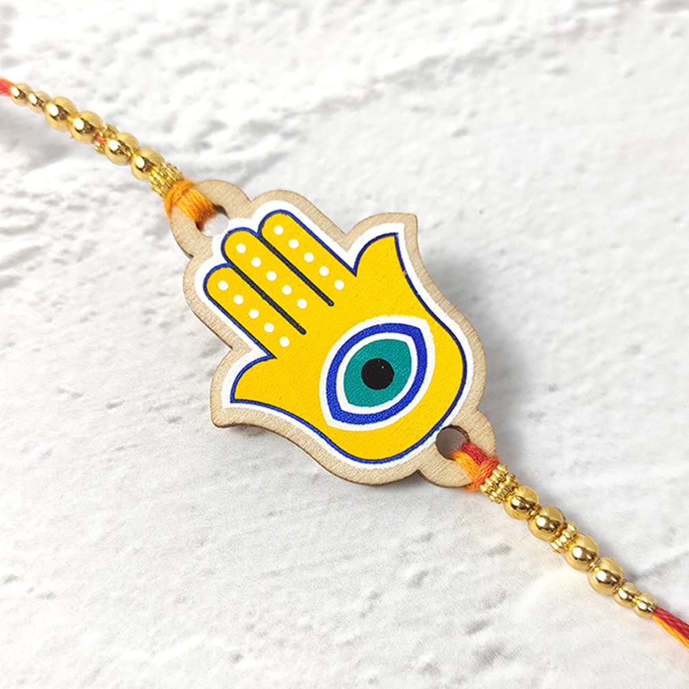 Hamsa Hand - Wooden Rakhi with Keychain